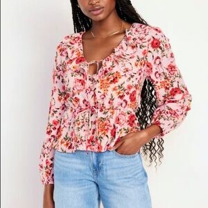 Old Navy Ruffle Floral Waist Define Top Pink prairie Cottage feminine sz S NWT